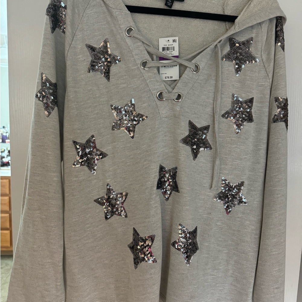 INC sweatshirt, sparkly stars, gorgeous